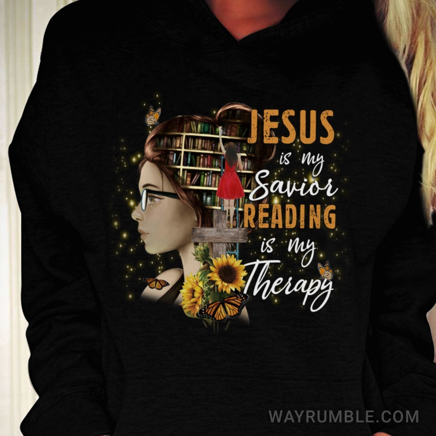 Beautiful girl, In the library, Jesus is my savior, Reading is my therapy - Jesus Apparel