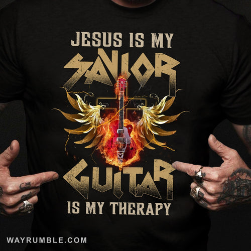 Rock, Guitar on fire, Jesus is my savior, Guitar is my therapy - Jesus Apparel