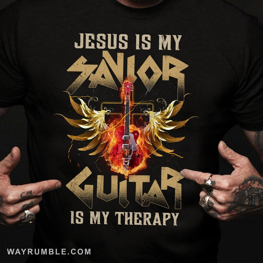 Rock, Guitar on fire, Jesus is my savior, Guitar is my therapy - Jesus Apparel