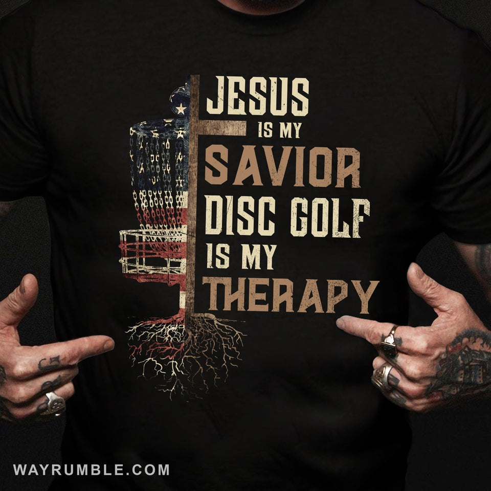 Cross short, US flag, Jesus is my savior, Disc Golf is my therapy - Jesus, Gold Apparel
