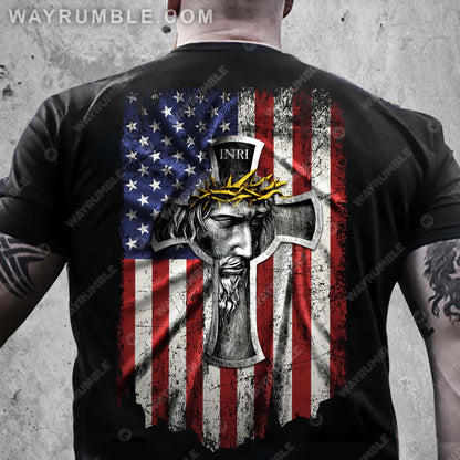 Us flag, Jesus painting, Crown of thorns, God blesses us - Jesus Back-printed Apparel