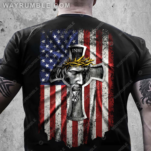 Us flag, Jesus painting, Crown of thorns, God blesses us - Jesus Back-printed Apparel