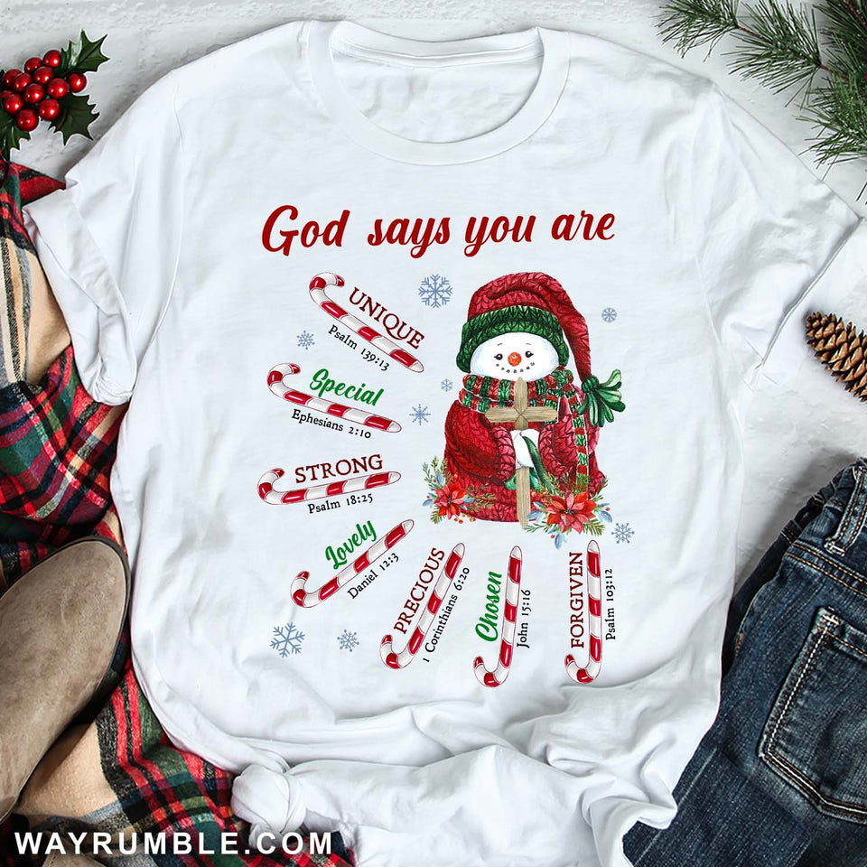 Snowman, Peppermint candy cane, God says you are unique - Jesus, Christmas, Winter Apparel