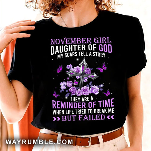 November Girl, Daughter of God, Purple Roses and silver cross - Jesus Apparel