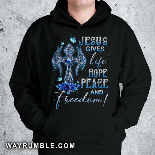Cross symbol, Blue rose, Butterfly painting, Jesus gives life hope peace and freedom - Jesus Apparel