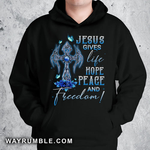 Cross symbol, Blue rose, Butterfly painting, Jesus gives life hope peace and freedom - Jesus Apparel
