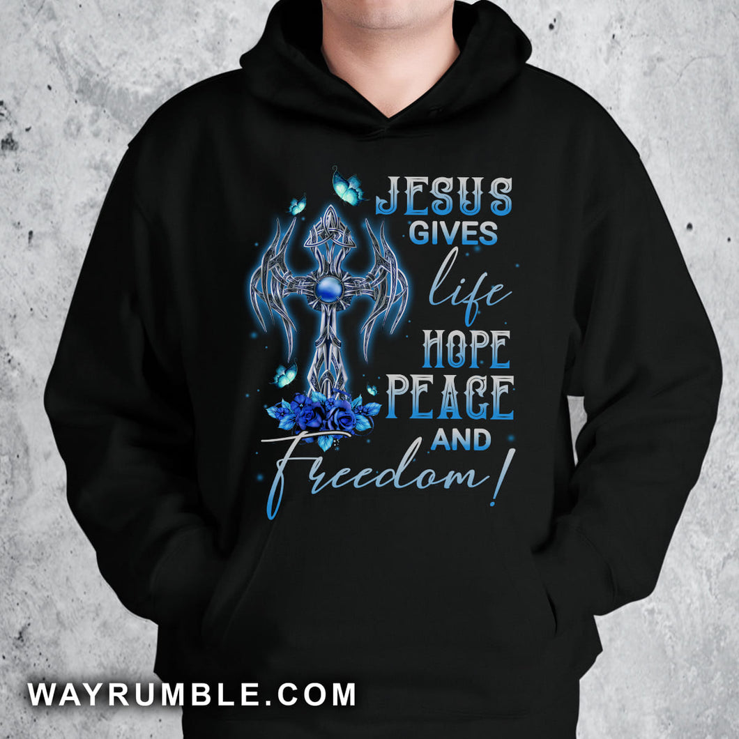 Cross symbol, Blue rose, Butterfly painting, Jesus gives life hope peace and freedom - Jesus Apparel