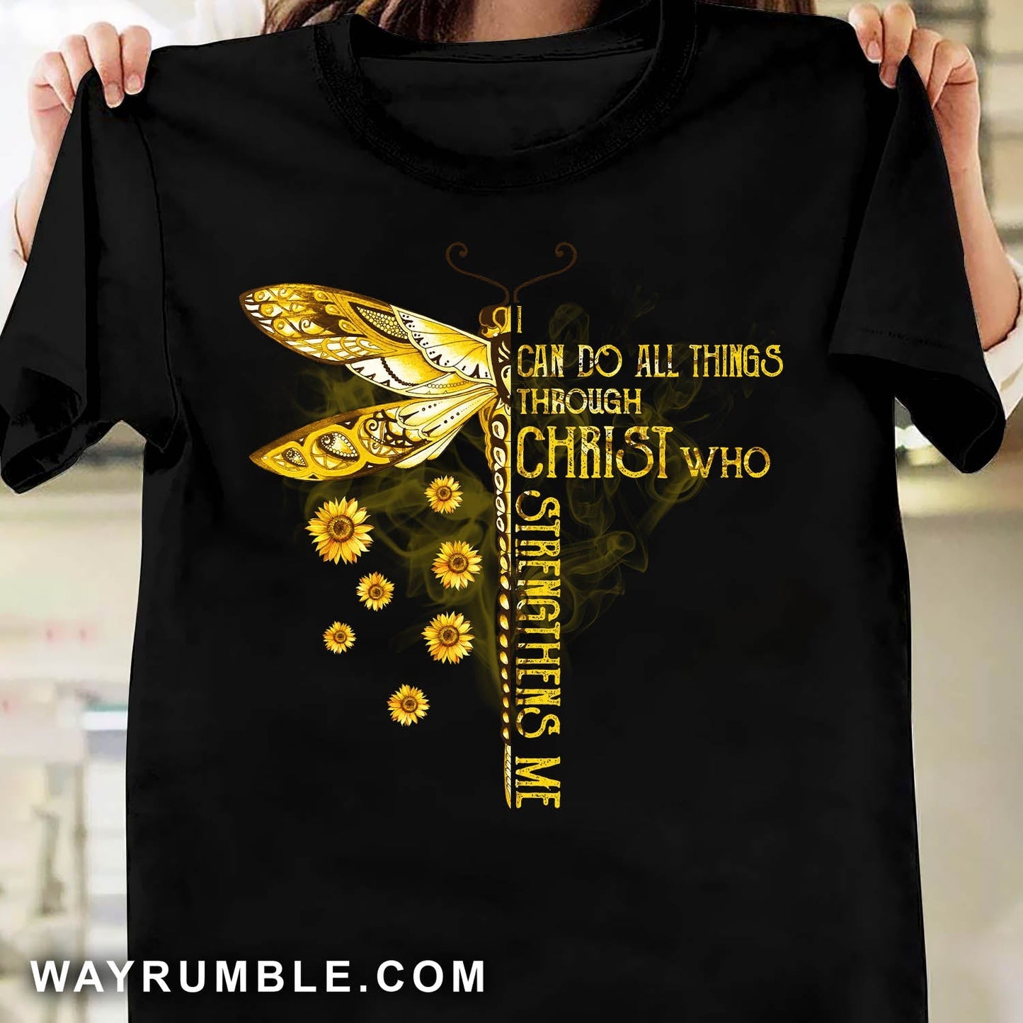 Golden dragonfly drawing, Sunflower, I can do all things - Jesus Apparel