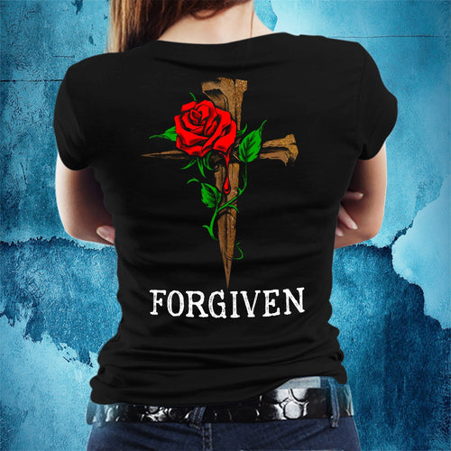 Jesus - Rose and Cross - Forgiven - Back-printed Apparel