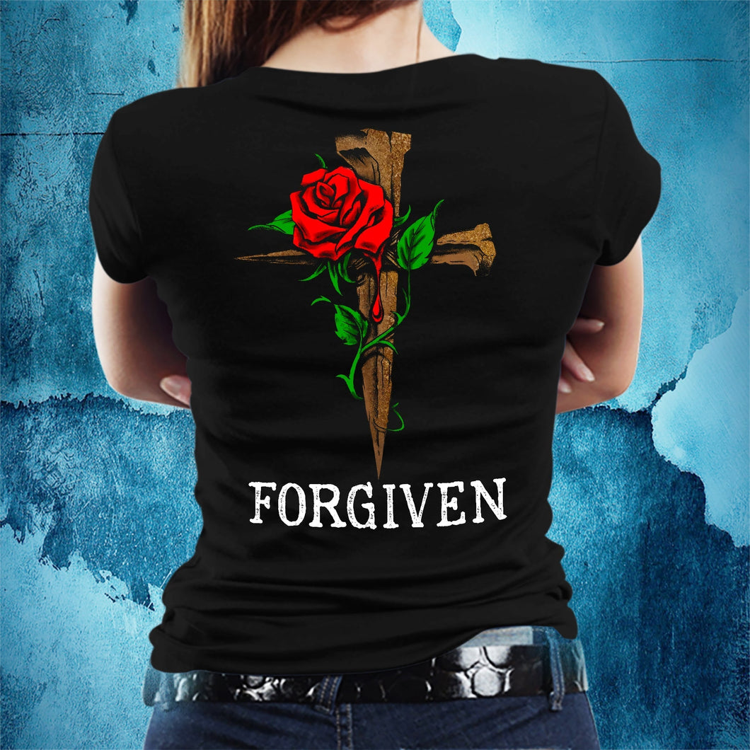 Jesus - Rose and Cross - Forgiven - Back-printed Apparel