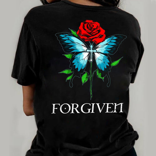Jesus - Rose and Blue Butterfly - Forgiven - Back-printed Apparel