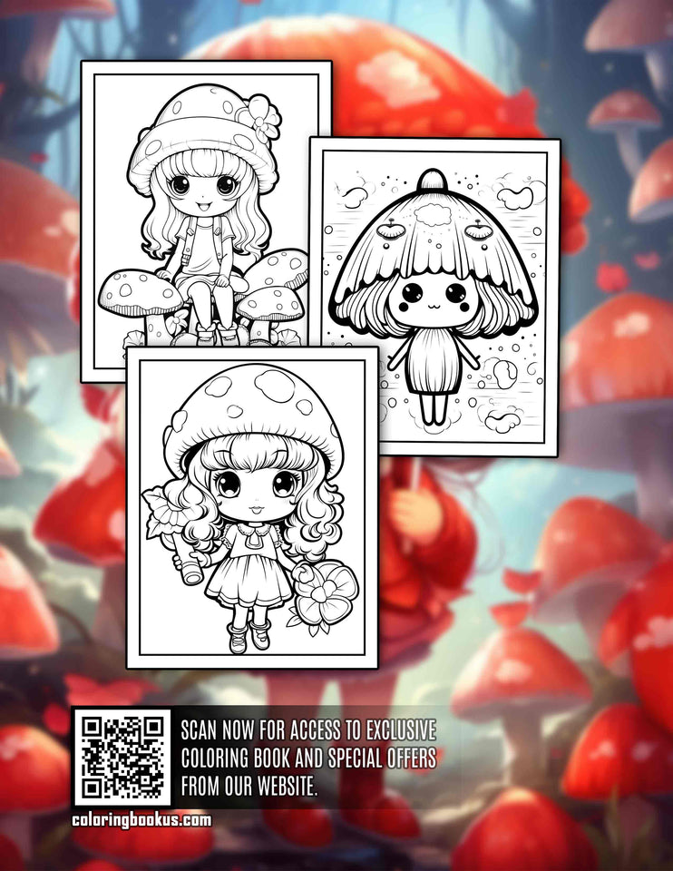 Kawaii Chibi Mushroom 30 Pages Printable Coloring Book