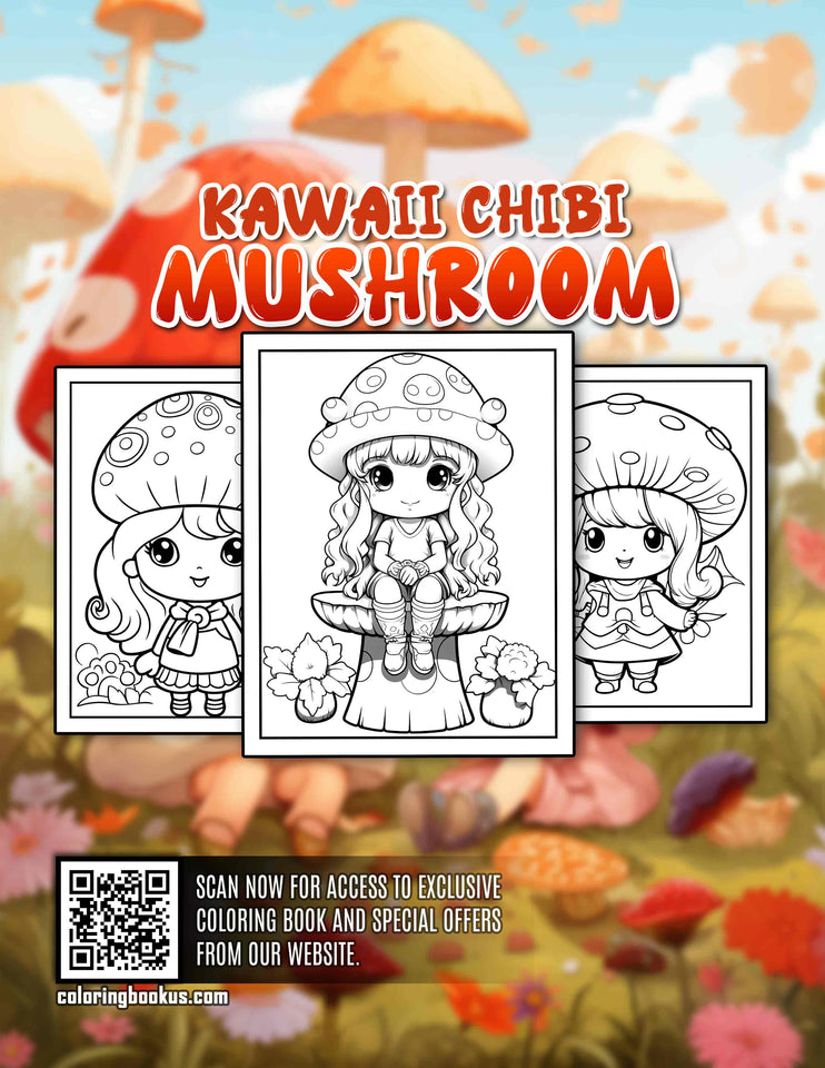 Kawaii Chibi Mushroom 30 Pages Printable Coloring Book