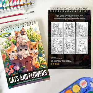 LBKHOUSE Cats and Flowers Spiral Coloring Book for Adult