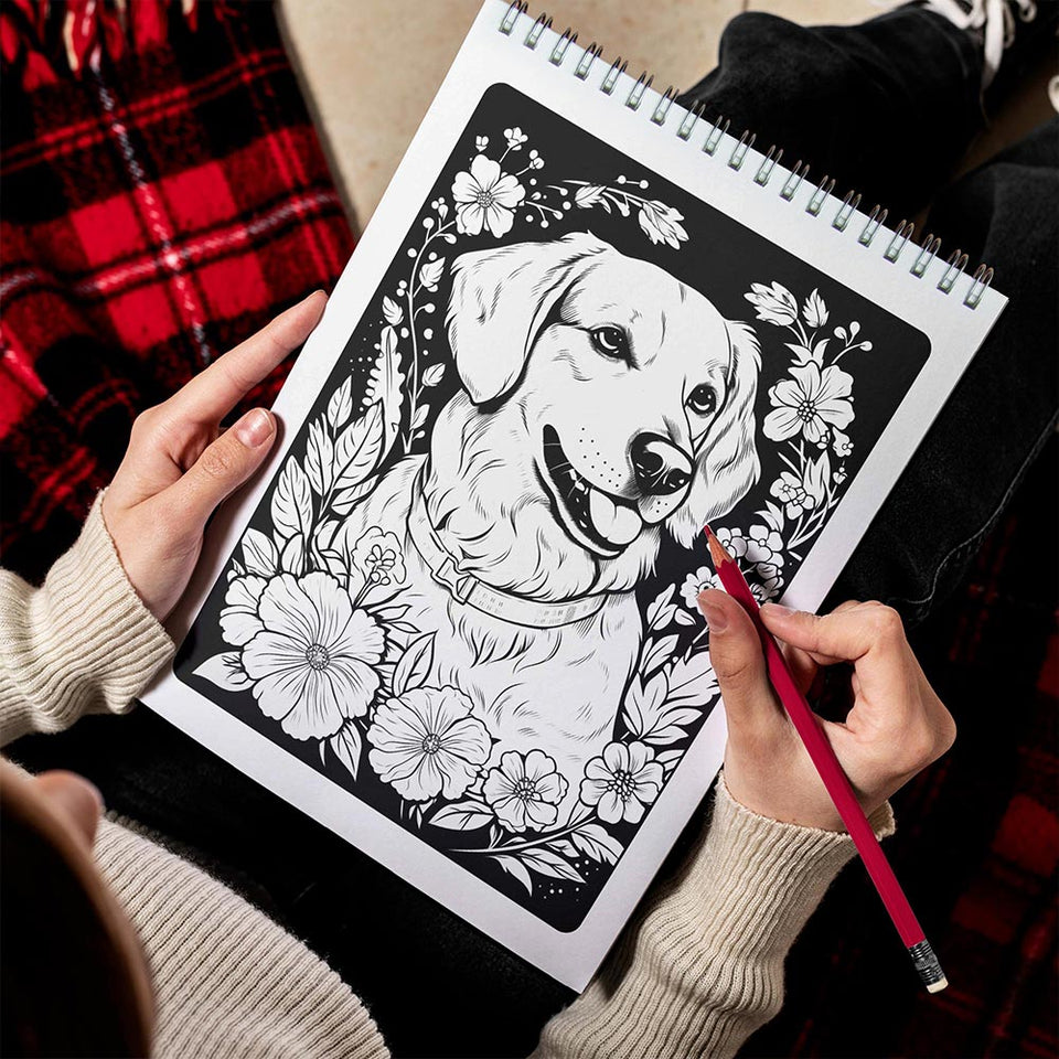 LBKHOUSE Midnight Dog and Flower Spiral Bound Coloring Book for Adult