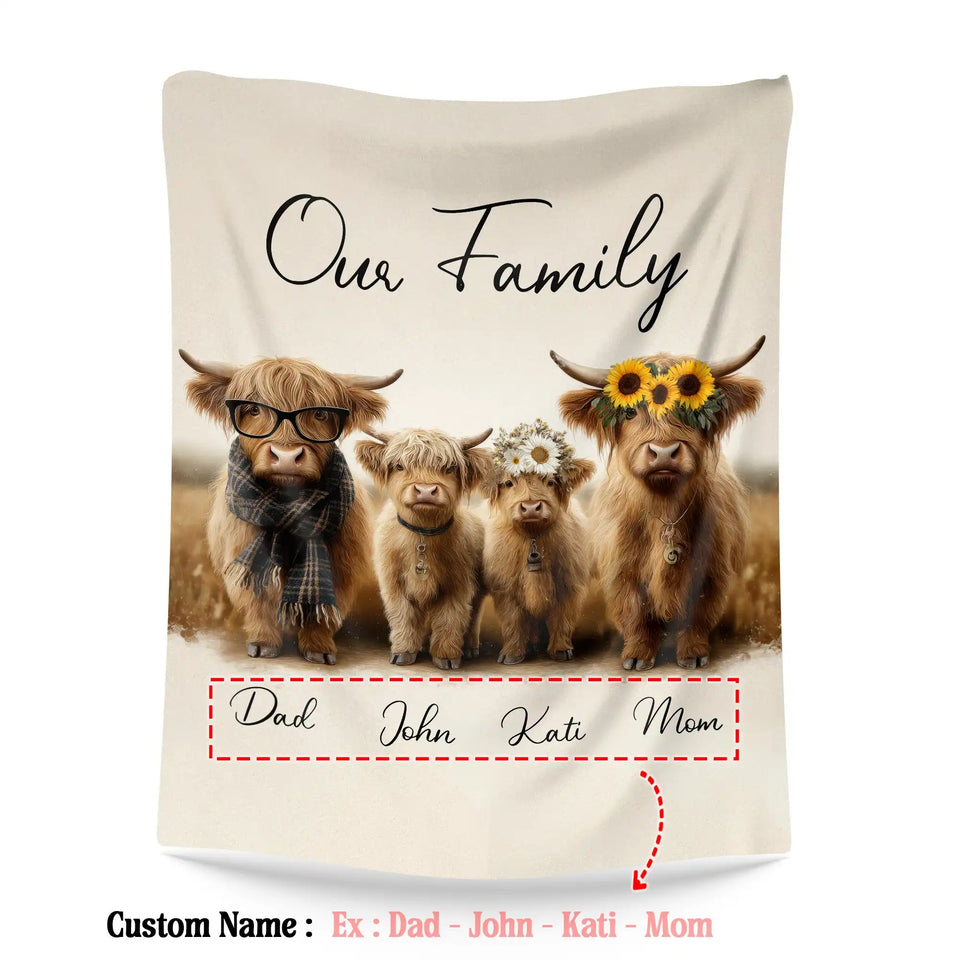 Personalized Highland Cow Family Blanket – Custom Names Family Gift
