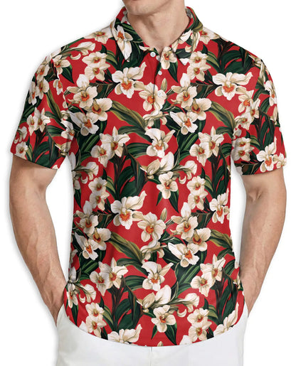 Orchid Ginger 3D Polo Shirt for Men – Tropical Floral Red Print | Azhobbyshop