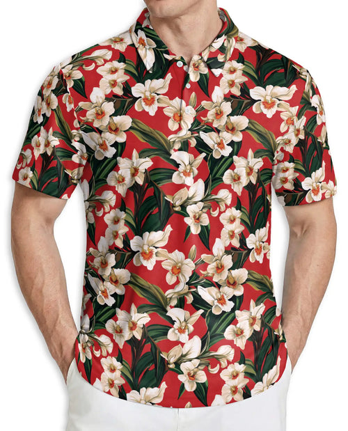 Orchid Ginger 3D Polo Shirt for Men – Tropical Floral Red Print | Azhobbyshop