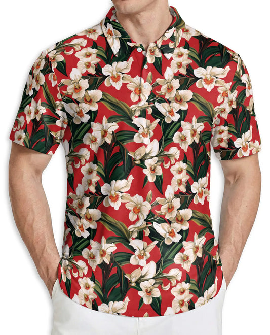 Orchid Ginger 3D Polo Shirt for Men – Tropical Floral Red Print | Azhobbyshop