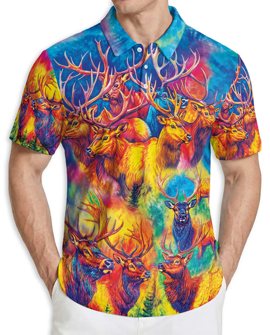 Colorful Elk Moose 3D Polo Shirt for Men – Psychedelic Wildlife Art Print | Azhobbyshop