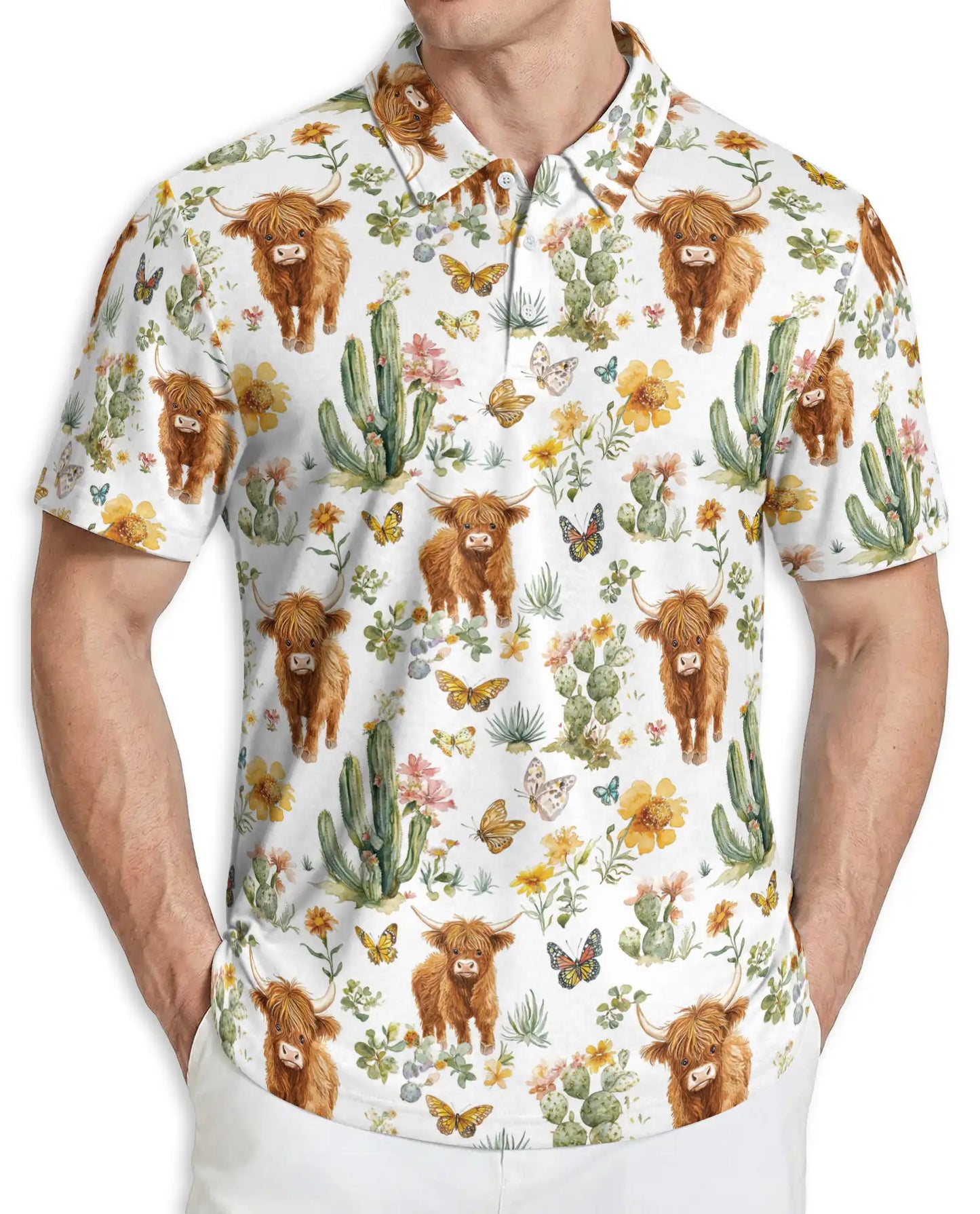 Highland Cow & Cactus 3D Polo Shirt for Men – Rustic Western Nature Print | Azhobbyshop