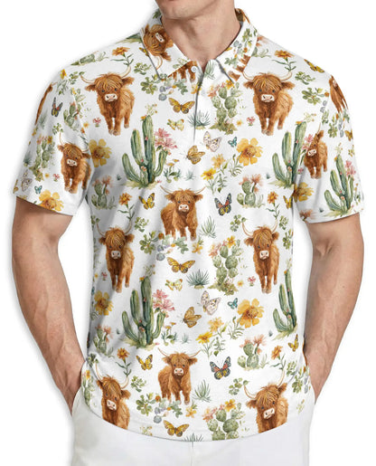 Highland Cow & Cactus 3D Polo Shirt for Men – Rustic Western Nature Print | Azhobbyshop