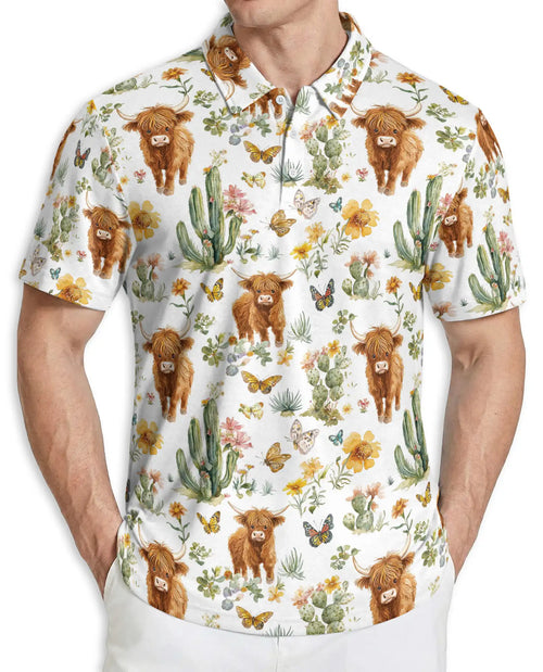 Highland Cow & Cactus 3D Polo Shirt for Men – Rustic Western Nature Print | Azhobbyshop