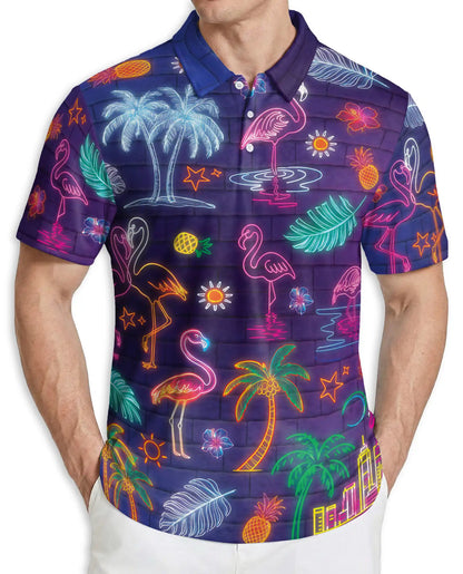 Neon Flamingo 3D Polo Shirt for Men – Tropical Night Glow Print | Azhobbyshop