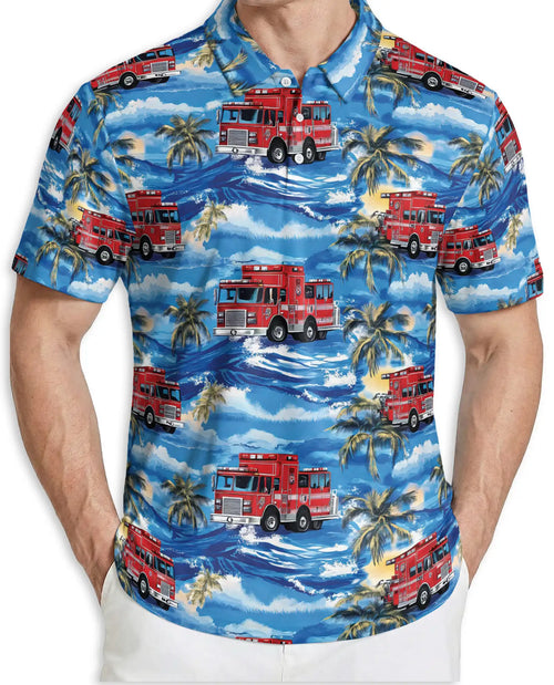 Fire Truck Hawaiian 3D Polo Shirt for Men – Tropical Firefighter Style | Azhobbyshop