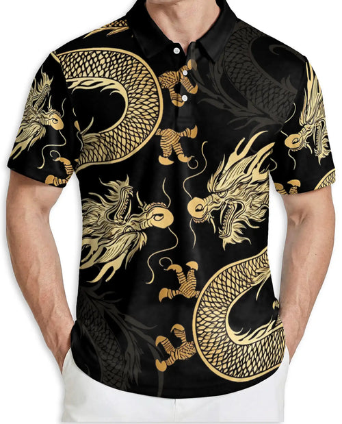 Golden Dragon 3D Polo Shirt for Men – Black Oriental Mythical Art Style | Azhobbyshop