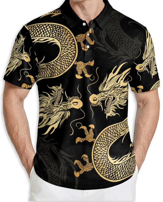 Golden Dragon 3D Polo Shirt for Men – Black Oriental Mythical Art Style | Azhobbyshop