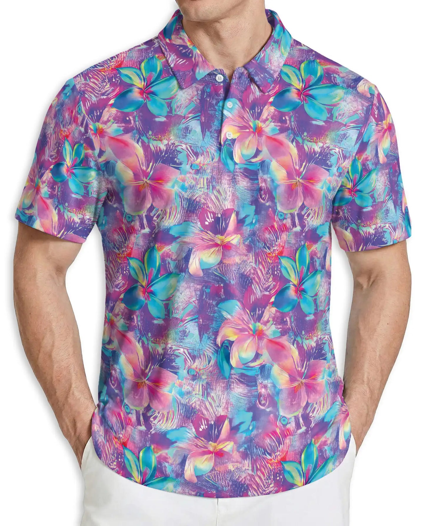 Neon Flower 3D Polo Shirt for Men – Vibrant Tropical Glow Floral Print | Azhobbyshop