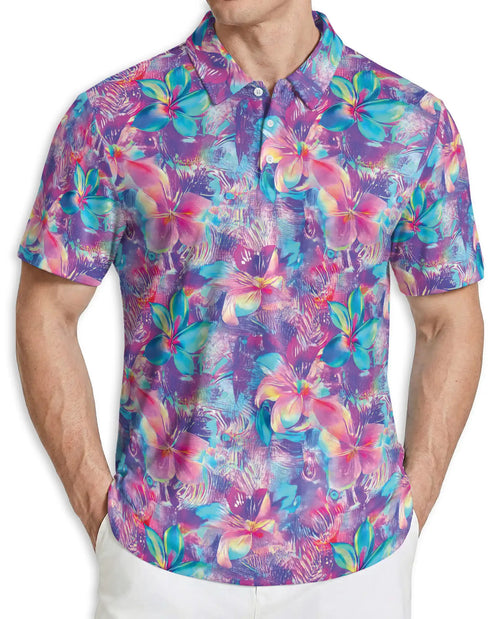Neon Flower 3D Polo Shirt for Men – Vibrant Tropical Glow Floral Print | Azhobbyshop