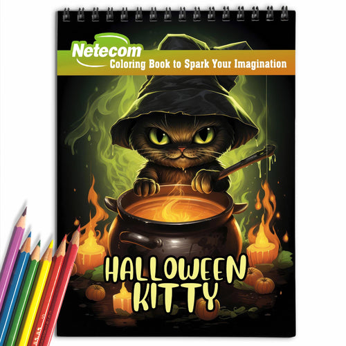 Halloween Kitty Spiral Bound Coloring Book, Journey into a World of Imagination with 30 Artistic Coloring Pages Inspired by the Whimsy of Halloween Kitties.