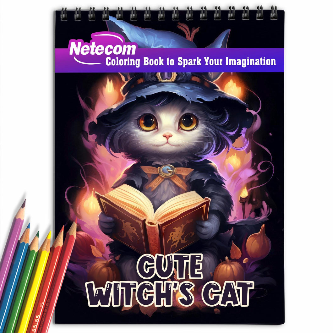 Cute Witch's Cat Spiral Bound Coloring Book, Embark on a Coloring Journey with 30 Enchanting Pages, Where Cute Witch's Cats Come to Life.