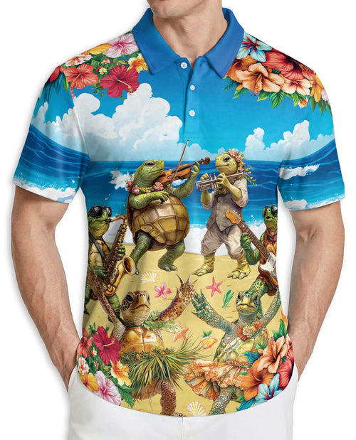 Funny Turtle Band 3D Polo Shirt for Men – Tropical Beach Party Style | Azhobbyshop