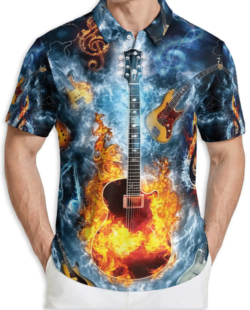 Flaming Guitar 3D Polo Shirt for Men – Rock Music Water Storm Style | Azhobbyshop
