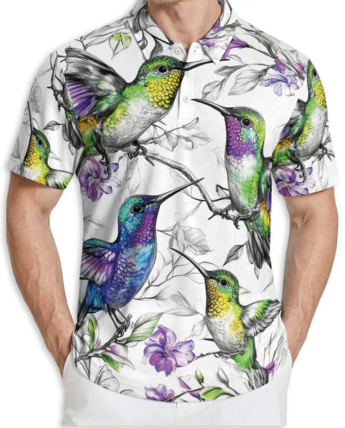 Hummingbird 3D Polo Shirt for Men – Colorful Bird Floral Art Style | Azhobbyshop