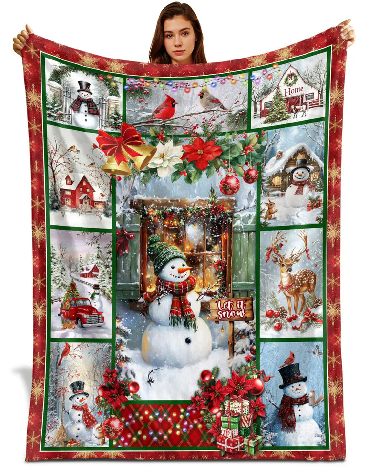 Snowman Christmas Blanket – Let It Snow Cardinal & Deer Holiday Throw