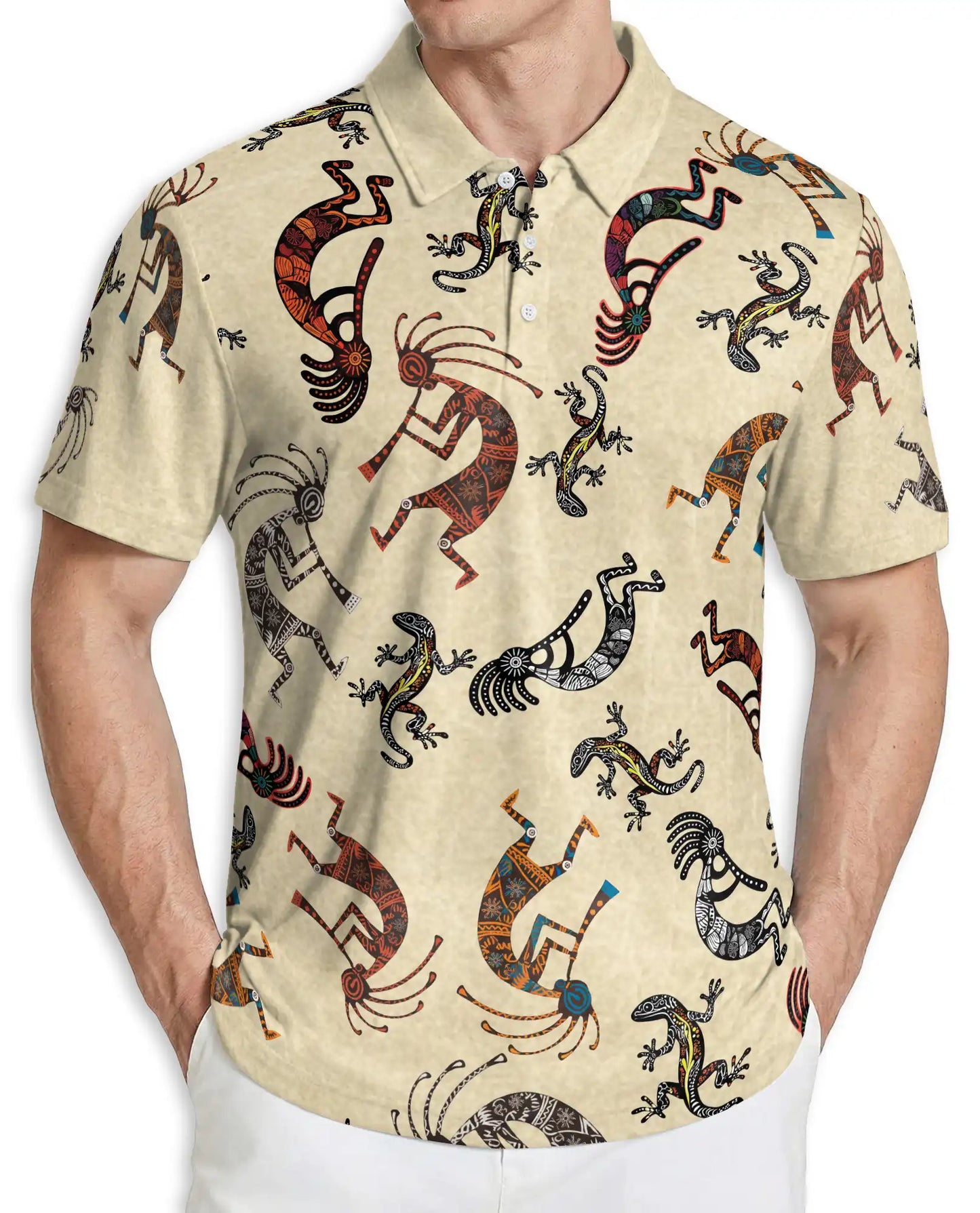 Tribal Kokopelli Lizard Polo Shirt – Native Art Style All Over Print | Azhobbyshop