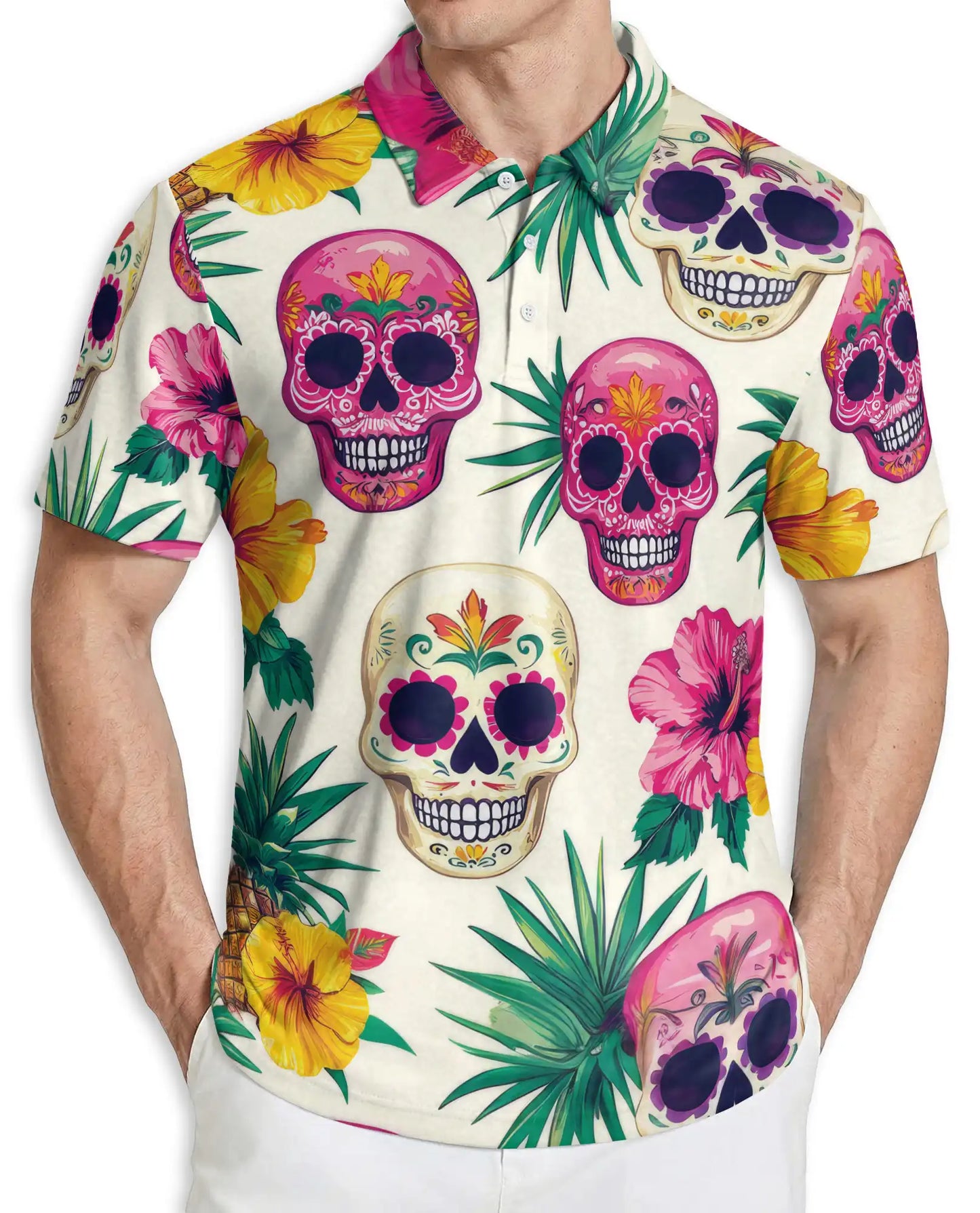 Sugar Skull Tropical 3D Polo Shirt for Men – Floral Day of the Dead Print | Azhobbyshop