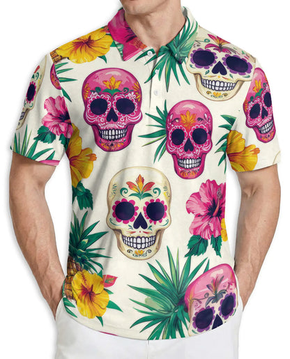 Sugar Skull Tropical 3D Polo Shirt for Men – Floral Day of the Dead Print | Azhobbyshop