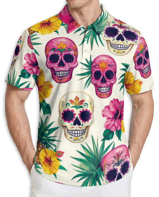 Sugar Skull Tropical 3D Polo Shirt for Men – Floral Day of the Dead Print | Azhobbyshop