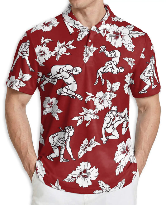 Wrestling Hawaiian 3D Polo Shirt for Men – Red Hibiscus Tropical Style | Azhobbyshop