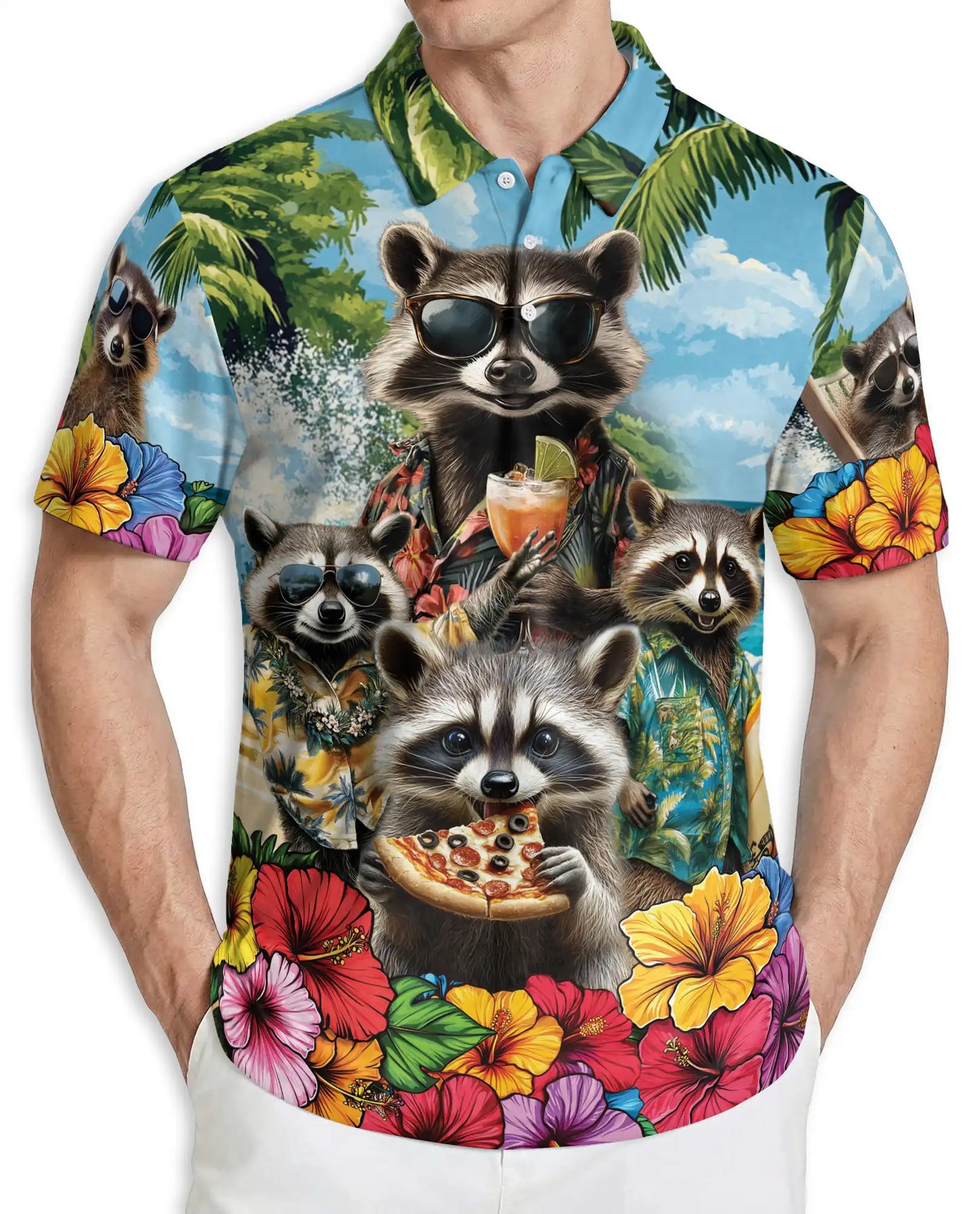 Raccoon Tropical Hawaiian Polo Shirt | Azhobbyshop