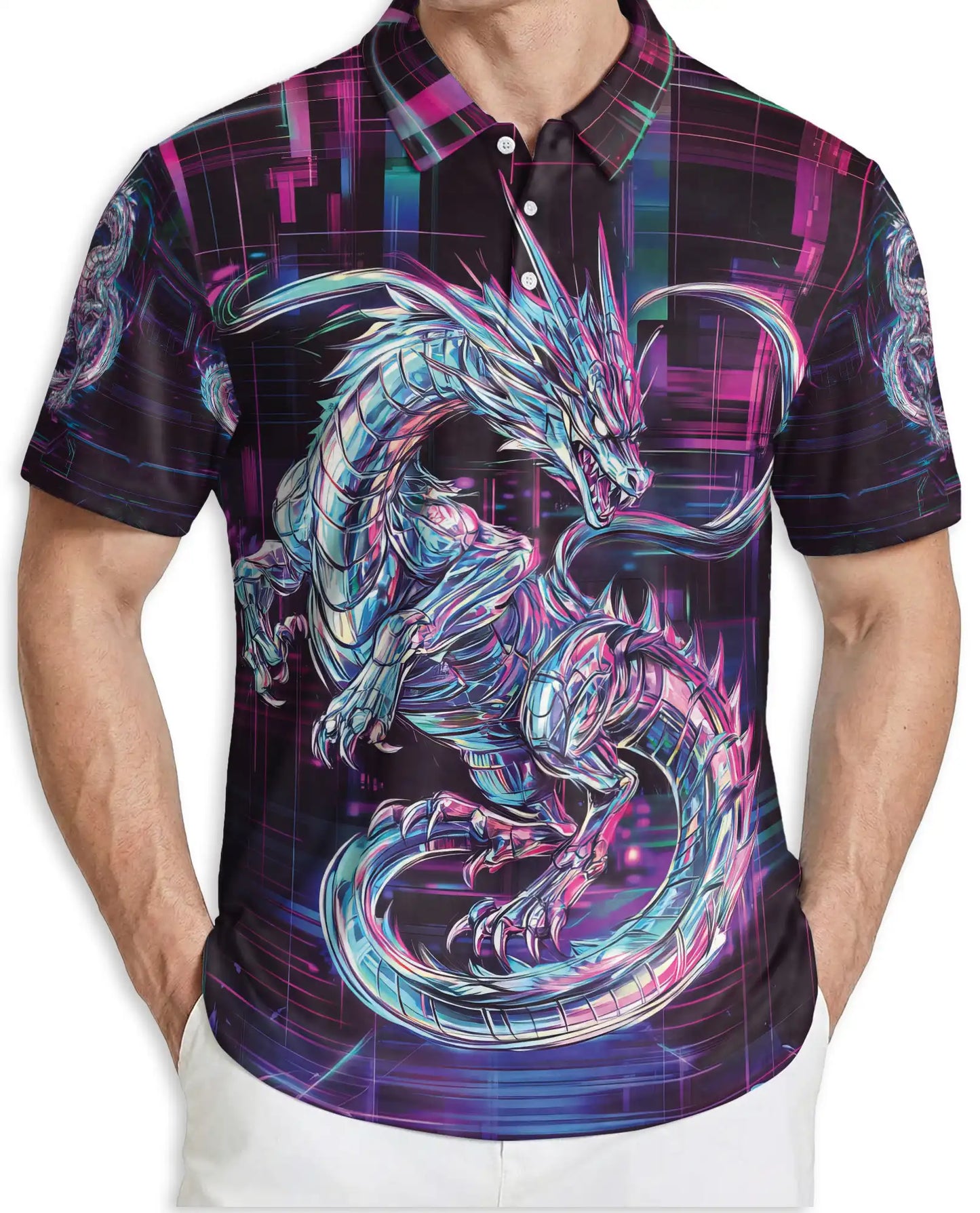 Cyberpunk Dragon 3D Polo Shirt for Men – Futuristic Neon Fantasy Style | Azhobbyshop