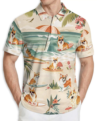Corgi Summer Beach Polo Shirt – Cute Surfing Dog Tropical Vacation 3D Print | Azhobbyshop