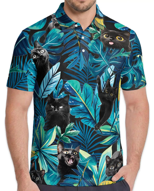 Black Cat Hawaiian Polo Shirt – Cute Tropical Cat Leaf Design | Azhobbyshop