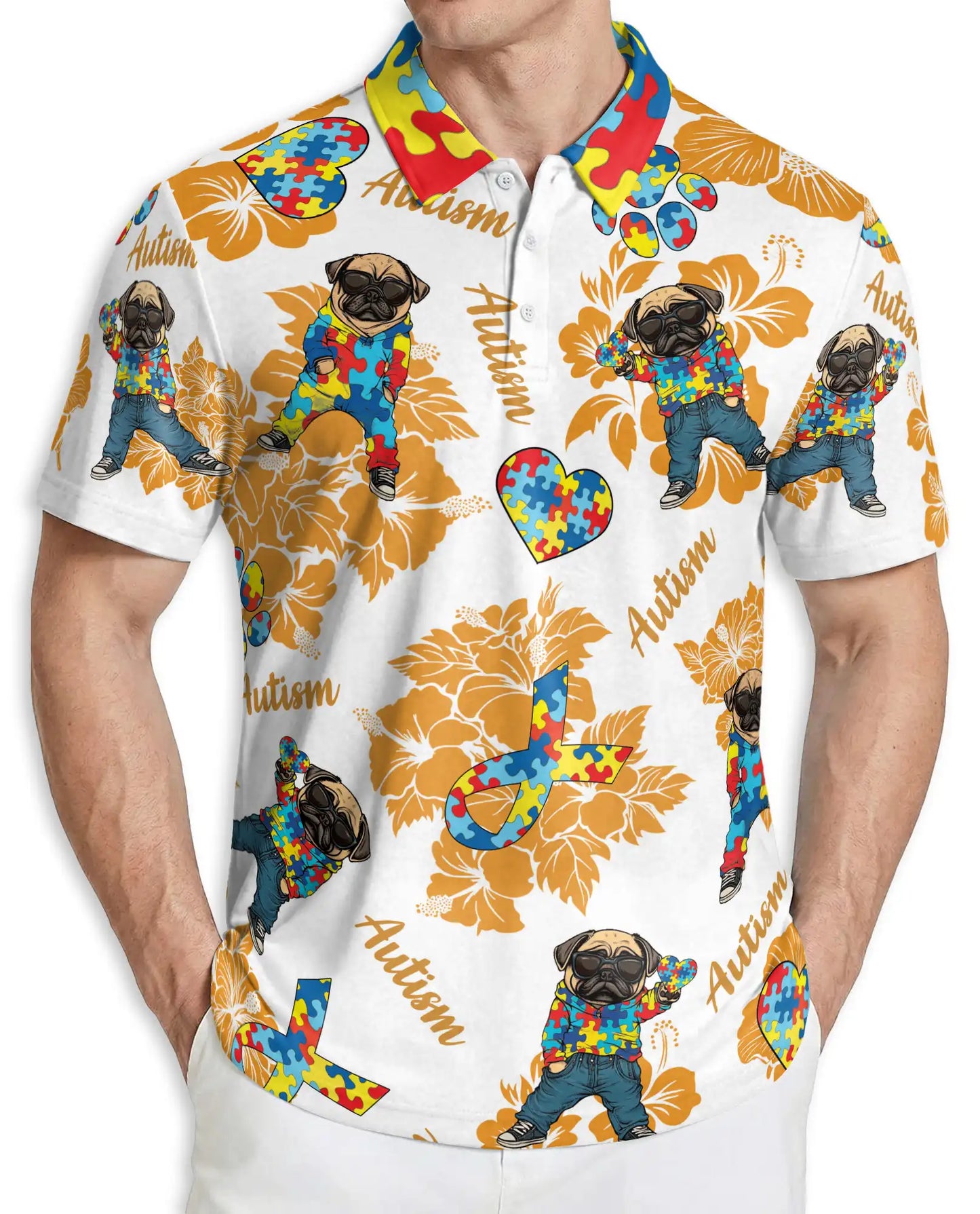 Pug Autism Awareness 3D Polo Shirt for Men – Puzzle Dog Support Gift | Azhobbyshop