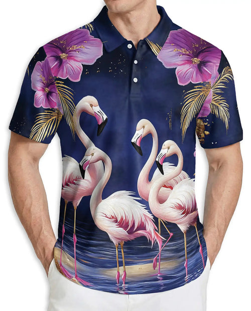 Flamingo Night 3D Polo Shirt for Men – Tropical Birds & Floral Print | Azhobbyshop
